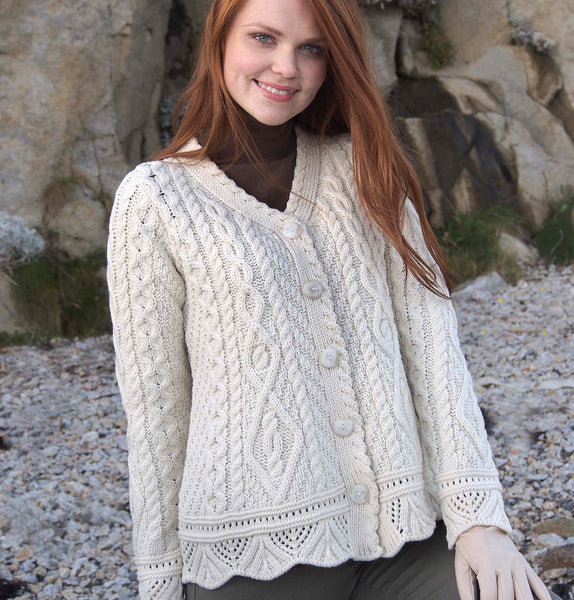 Button Aran Cardigan with Lace Detail