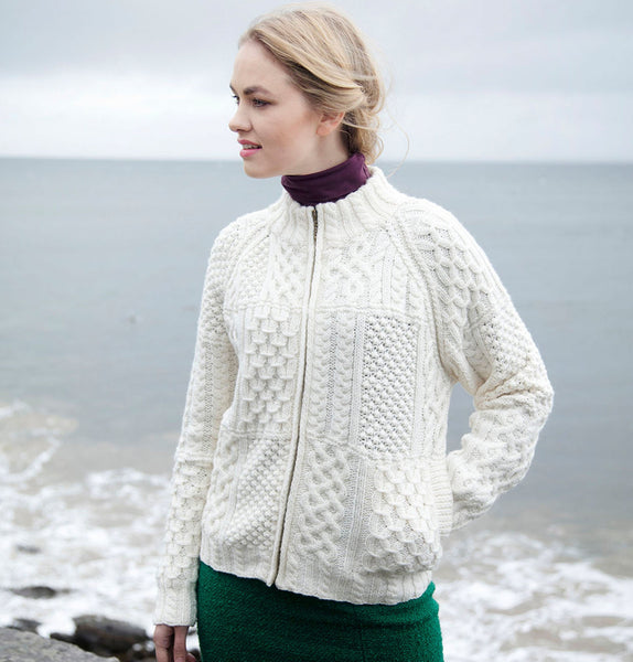 Hand Knit Bomber Style Aran Cardigan Natural