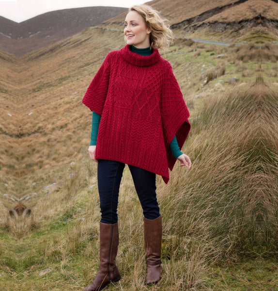 Aran Roll Neck Poncho Red