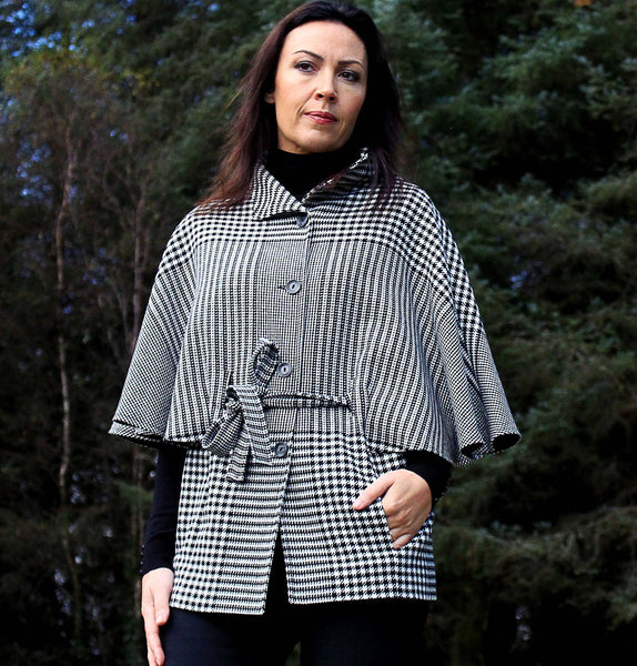 Belted Tweed Cape - Black and White Houndstooth Front