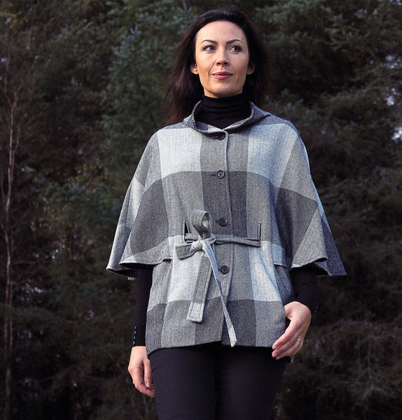 Belted Tweed Cape - Grey Check Front