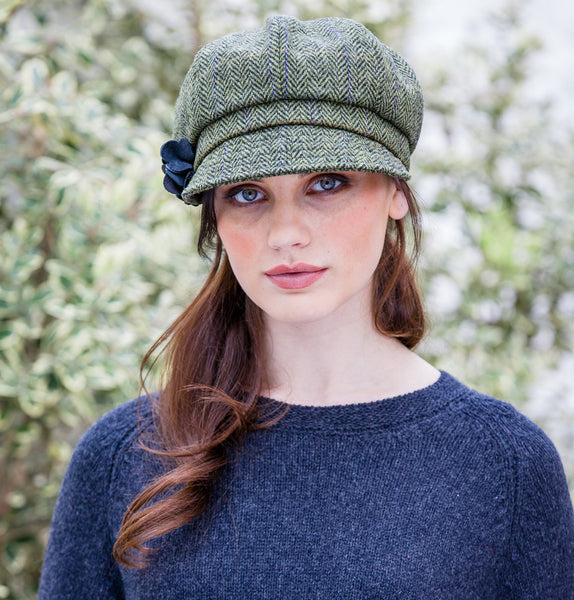 Ladies Newsboy Cap - Green Herringbone Front