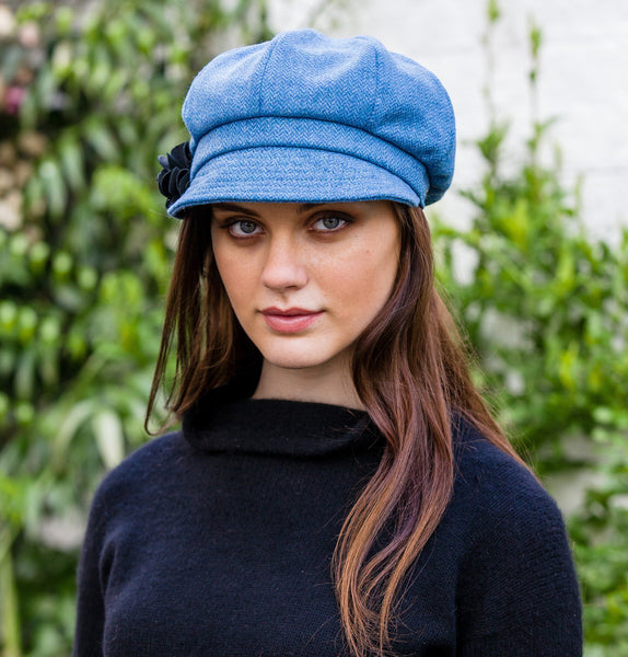 Ladies Newsboy Cap - Light Blue Herringbone Front