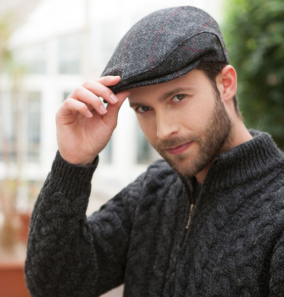 Traditional Flat Cap - Charcoal Herringbone with Red Front