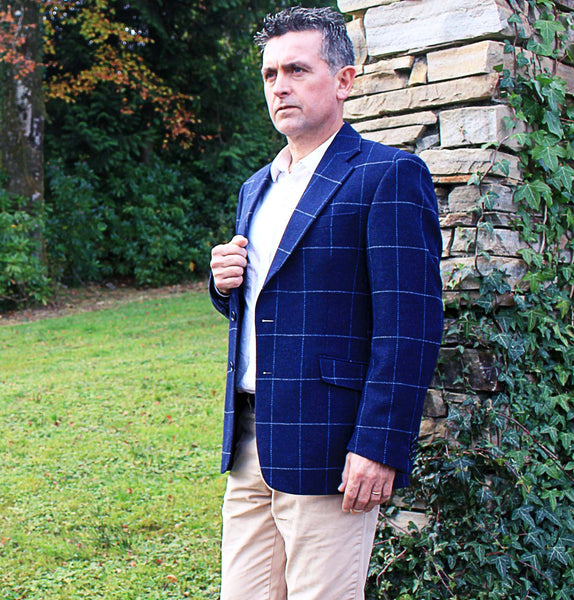 Classic Gents Donegal Tweed Sports Jacket - Navy Windowpane Front