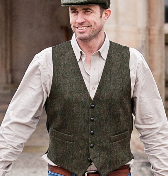 Mens Tweed Vest - Green Front
