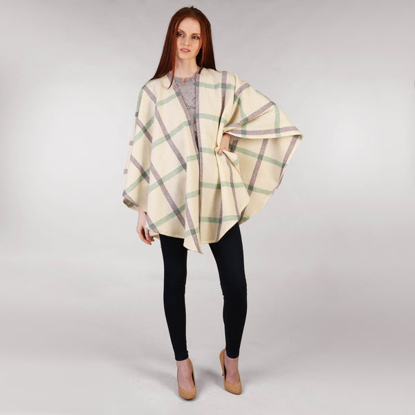 Throw Cape Shawl Cream, Purple & Green Windowpane Full