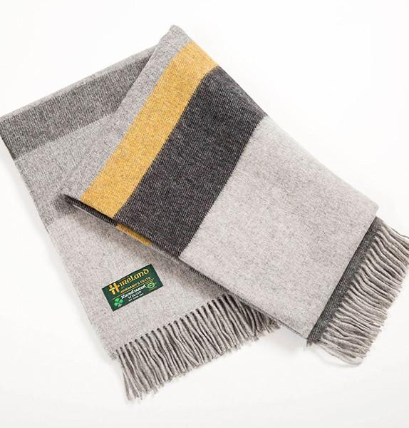 Irish Merino Wool and Lambswool Blanket - Light Grey, Charcoal and Yellow Front