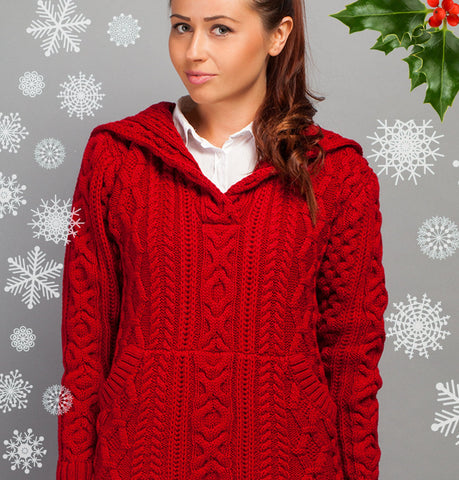 Aran Sweater with Hoodie- Red