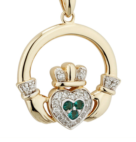 Diamond Emerald Claddagh Pendant - Yellow Gold