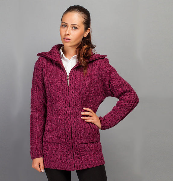 Aran Cardigan with Patch Pockets - Raspberry