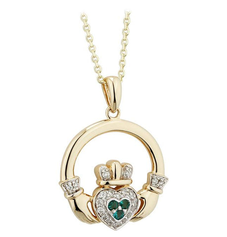 Diamond Emerald Claddagh Pendant - Yellow Gold