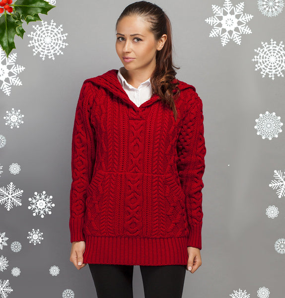 Aran Sweater with Hoodie- Red