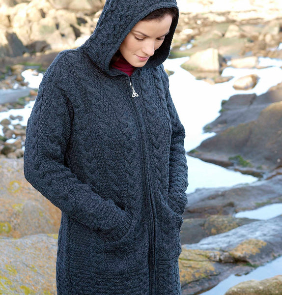 Aran Cardigan with Celtic Knot Zip Charcoal Front 