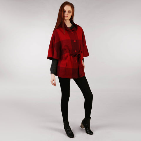 Belted Tweed Cape Shawl Red & Black Check