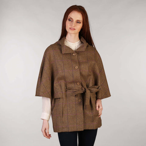 Belted Tweed Cape Shawl Brown & Purple Windowpane 