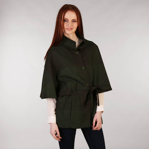 Belted Tweed Cape - Green Front