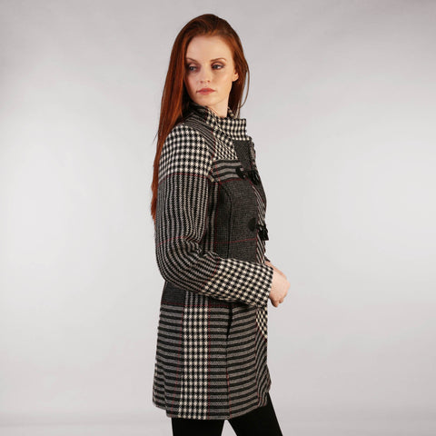 Tweed Duffle Coat Black, White & Red Check Houndstooth 