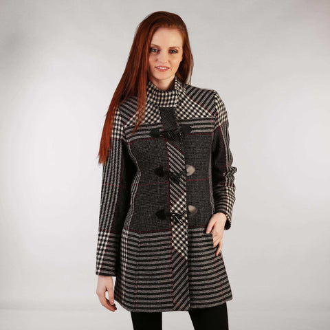 Tweed Duffle Coat Black, White & Red Check Houndstooth 