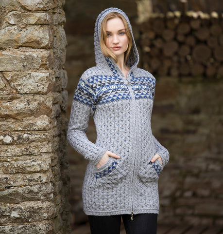 Aran Cardigan with Fair Isle Detail Light Grey 