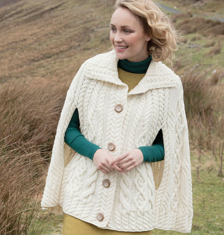 Wool Poncho with Collar Natural