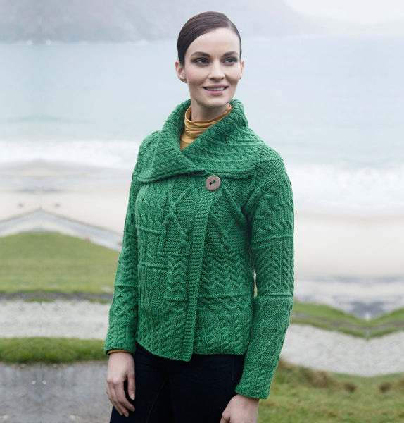 Ladies Aran Cardigan with button detail Green