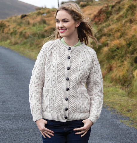 Unisex Hand Knit Aran Cardigan Oatmeal