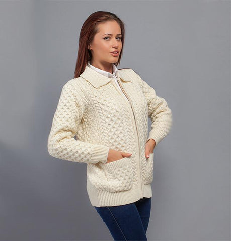 Aran Cardigan with Zip - Natural Front