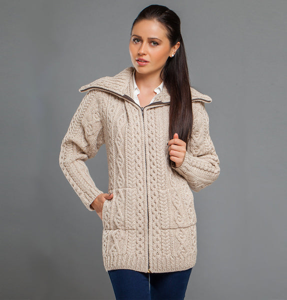 Aran Cardigan with Patch Pockets - Oatmeal