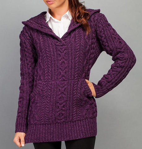 Aran Sweater with Hoodie - Purple Marl