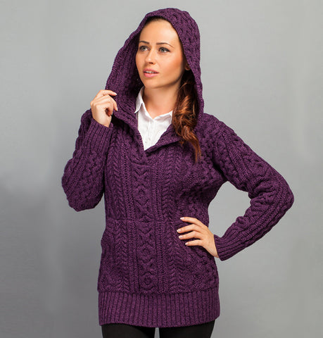 Aran Sweater with Hoodie - Purple Marl