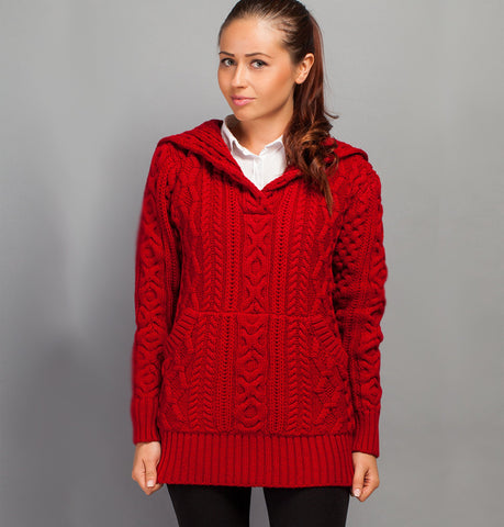 Aran Sweater with Hoodie - Red Front