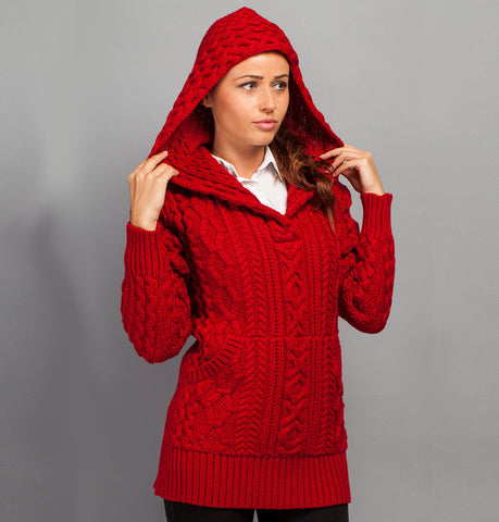 Aran Sweater with Hoodie - Red Front