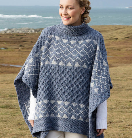 Aran Wool Poncho with Fair Isle Detail