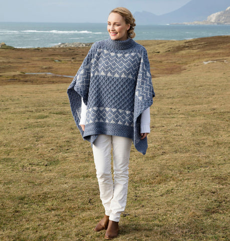 Aran Wool Poncho with Fair Isle Detail