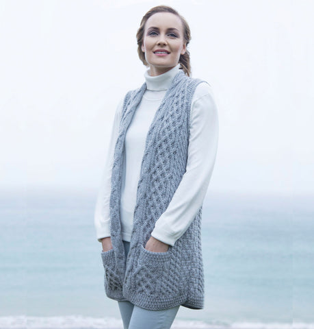 Ladies Aran Knit Sleeveless Cardigan Grey