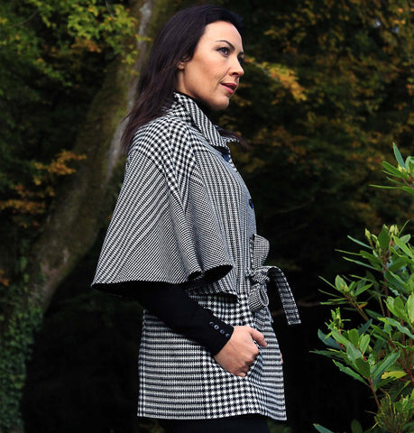 Belted Tweed Cape - Black and White Houndstooth Front 