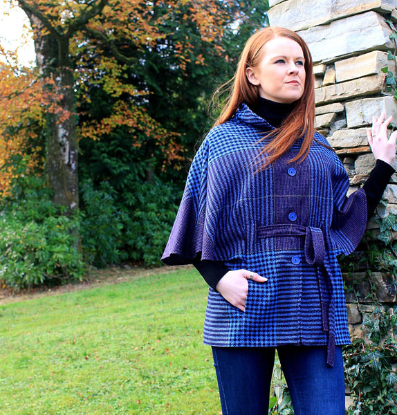 Belted Tweed Cape - Blue Houndstooth Front 