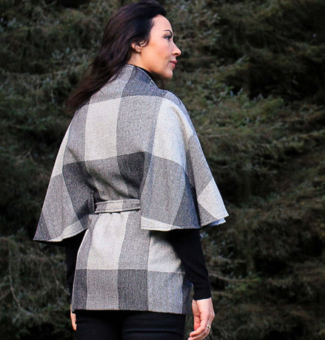 Belted Tweed Cape - Grey Check Front 