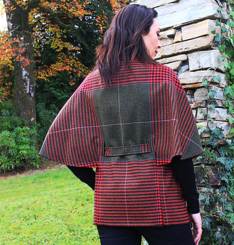 Belted Tweed Cape - Red Houndstooth