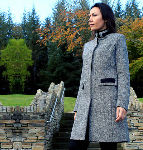 Middleton Knee Coat - Black & White Salt & Pepper Tweed Front 