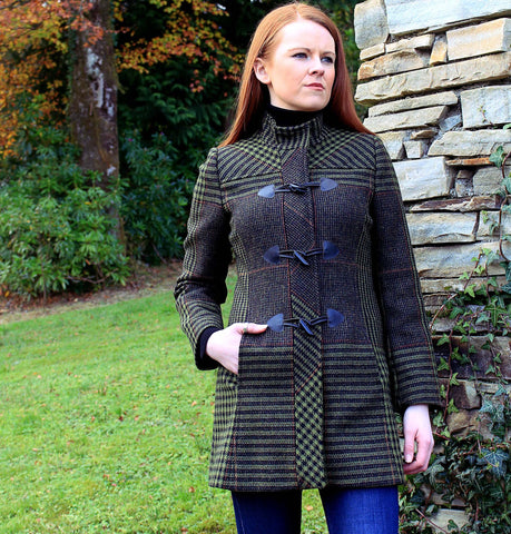 Tweed Duffle Coat - Green Check Houndstooth