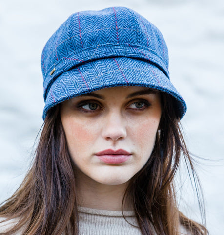 Ladies Flapper Cap - Navy & Red Herringbone Front