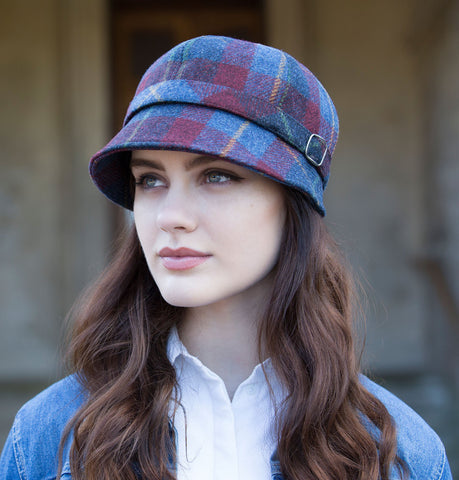 Ladies Flapper Cap - Navy & Red Check Front