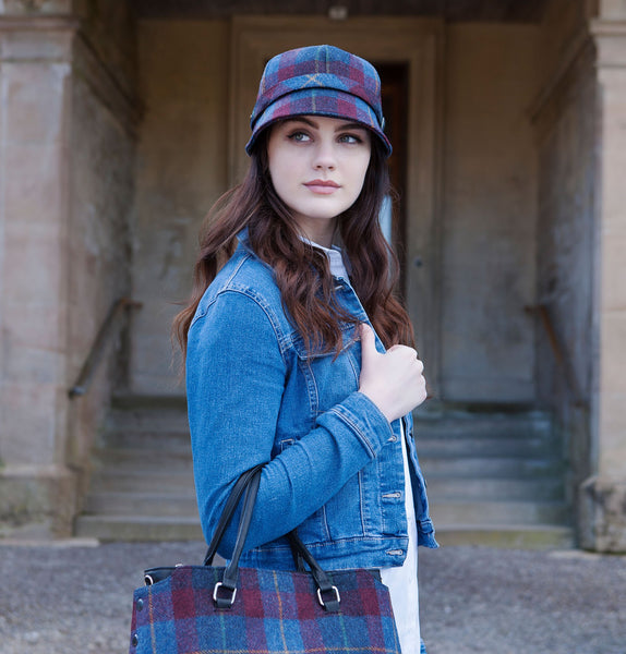 Ladies Flapper Cap - Navy & Red Check Front