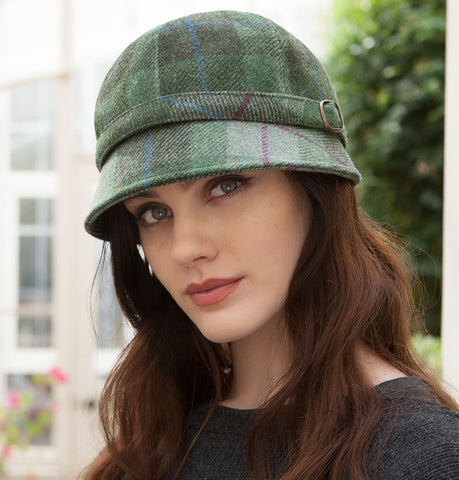 Ladies Flapper Cap - Green & Purple Check Front