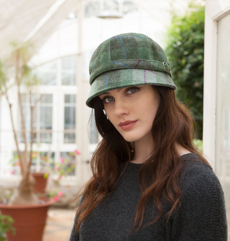 Ladies Flapper Cap - Green & Purple Check Front