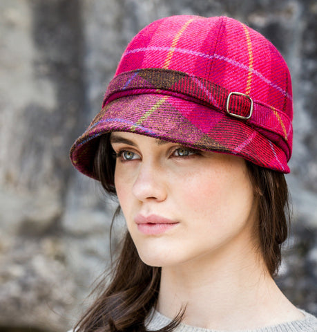 Ladies Flapper Cap - Pink Check Front 