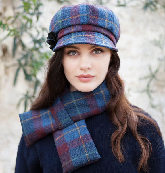 Ladies Newsboy Cap - Navy & Red Check Front