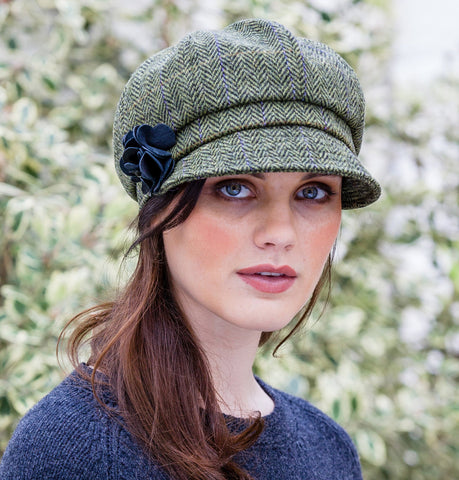 Ladies Newsboy Cap - Green Herringbone Front 